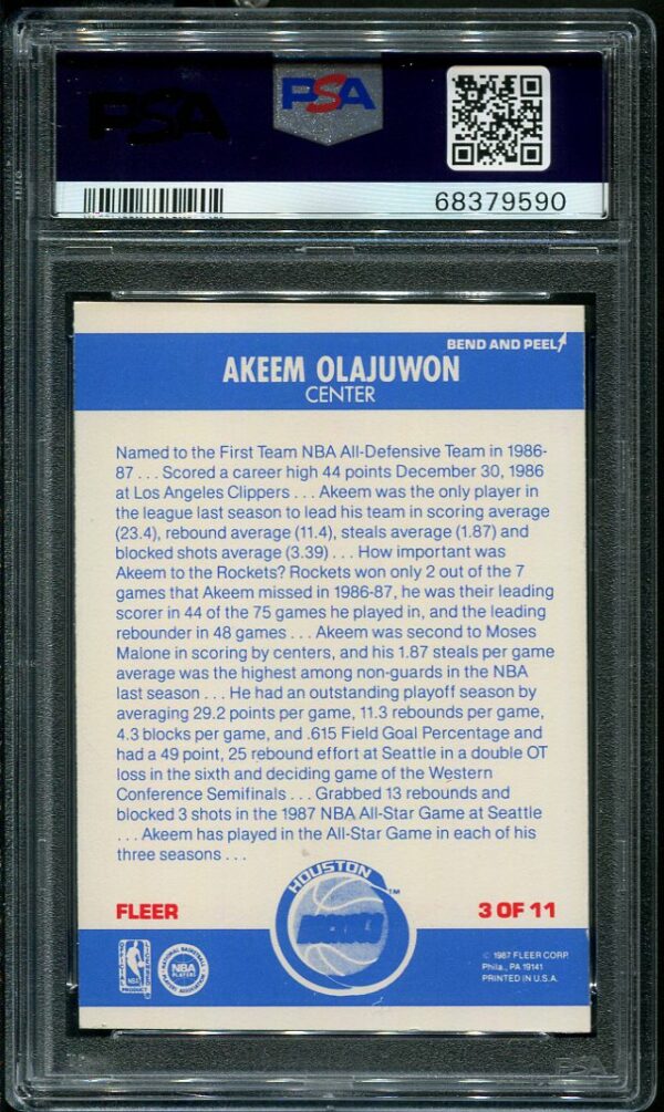 Authentic 19867 Fleer Sticker #3 Akeem Olajuwon PSA 8 Basketball Card