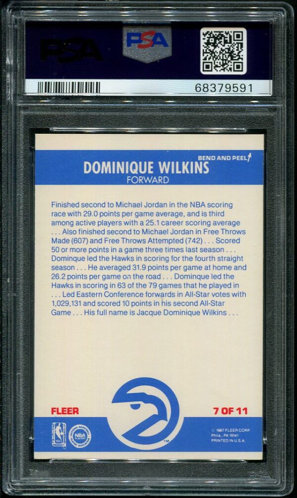 Authentic 19867 Fleer Sticker #7 Dominique Wilkins PSA 7 Basketball Card