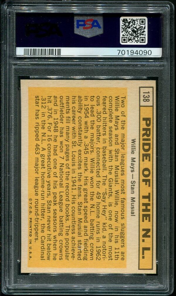 1963 Topps #138 Pride Of NL Stan Musial/Willie Mays PSA 6 Baseball Card