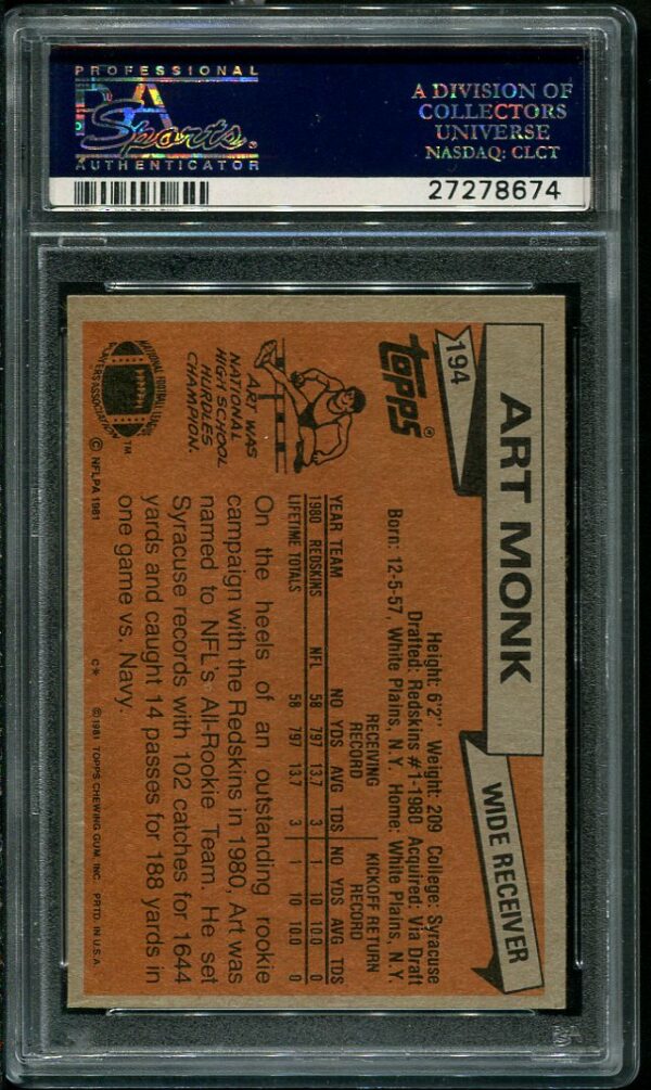 Authentic 1981 Topps #194 Art Monk PSA 8 Rookie Football Card