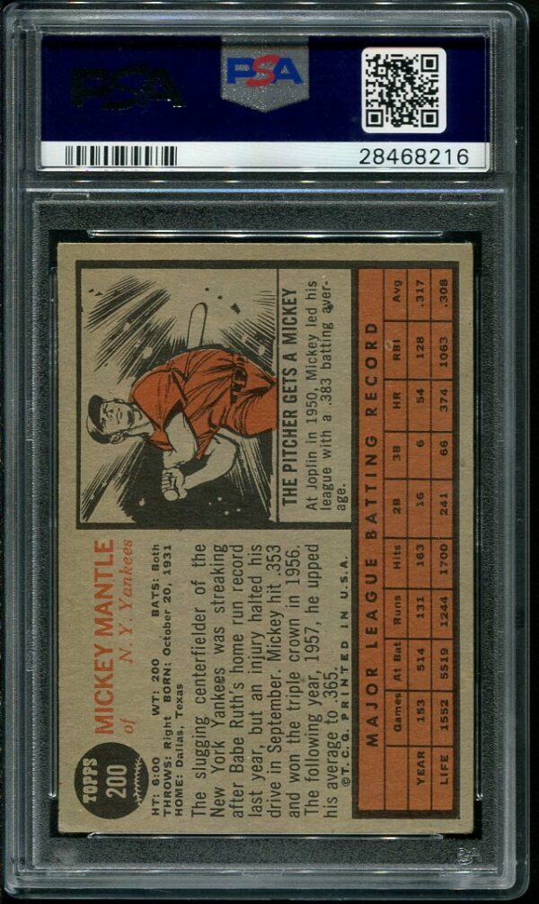 Authentic 1962 Topps #200 Mickey Mantle PSA 4 Baseball Card