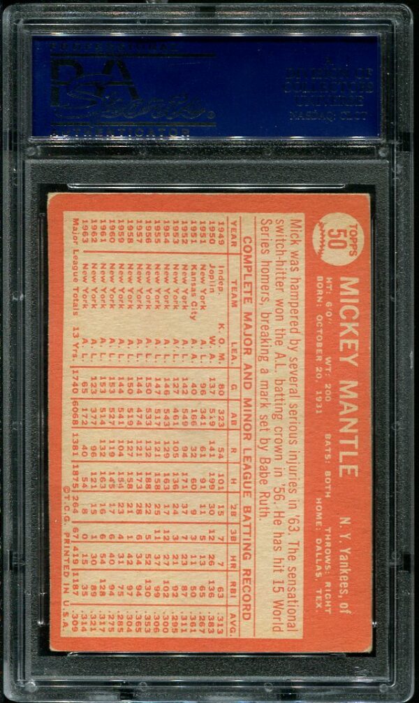 Authentic 1964 Topps #50 Mickey Mantle PSA 4 Baseball Car