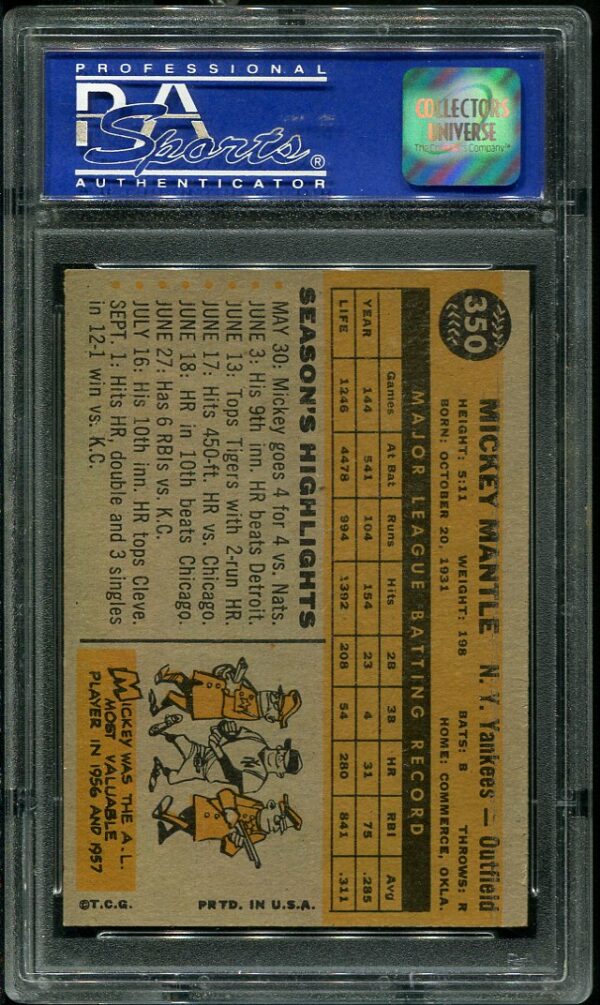 Authentic 1960 Topps #350 Mickey Mantle PSA 6 Baseball Card