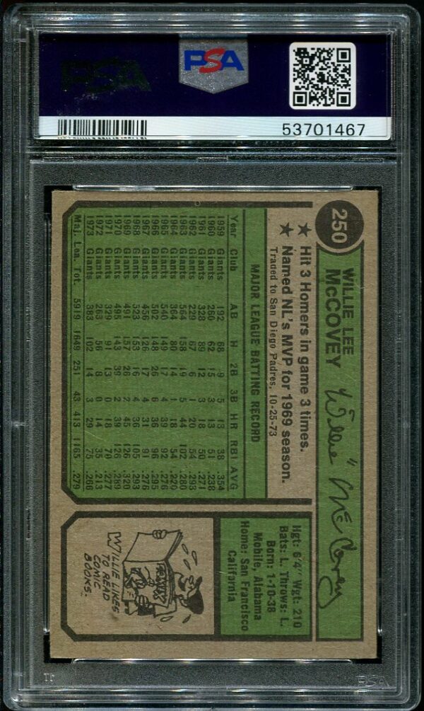 Authentic 1974 Topps #250 Willie McCovey Washington PSA 6 Baseball Card