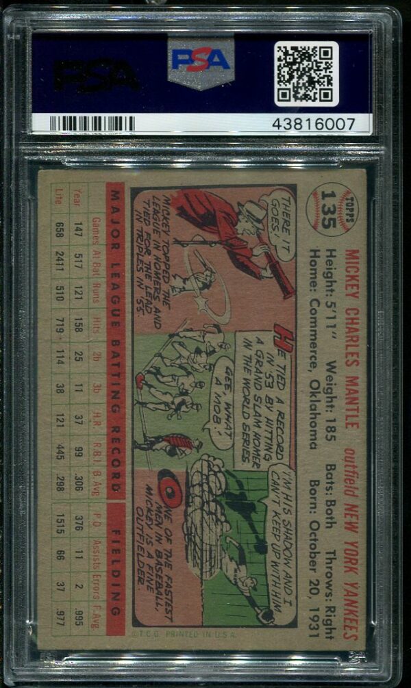 1956 Topps #135 Mickey Mantle (Gray Back) PSA 6 Baseball Card