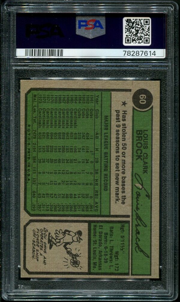 Authentic 1974 Topps #60 Lou Brock PSA 8 Baseball Card
