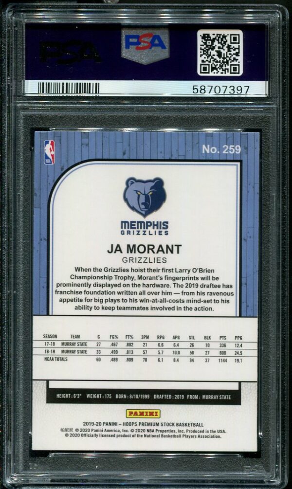 2019 Hoops Premium Stock #259 Ja Morant Rookie Basketball Card PSA 10