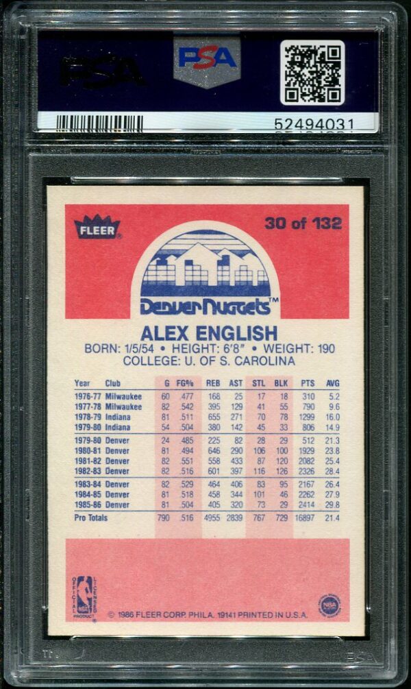 Authentic 1986 Fleer #30 Alex English PSA 8 Basketball Card