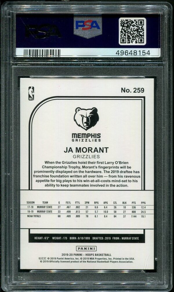 2019 Panini Hoops #259 Ja Morant Rookie Basketball Card PSA 10