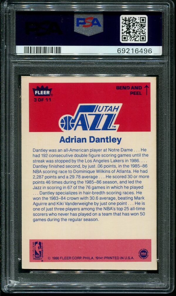 Authentic 1986 Fleer Sticker #3 Adrian Dantley PSA 7 Basketball Card