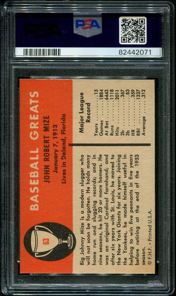 Authentic 1961 Fleer #63 Johnny Mize PSA 8 Baseball Card