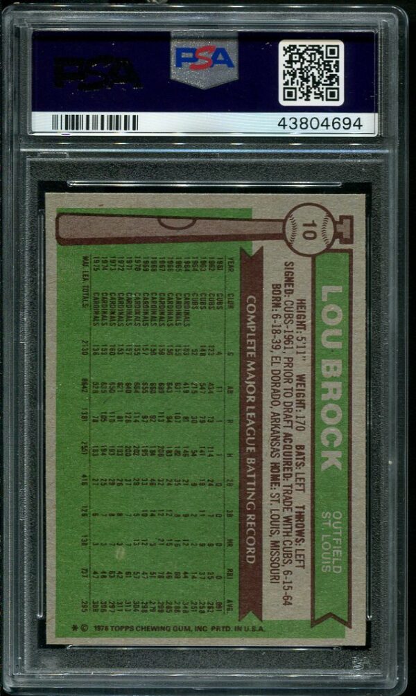 Authentic 1976 Topps #10 Lou Brock PSA 9 Baseball Card