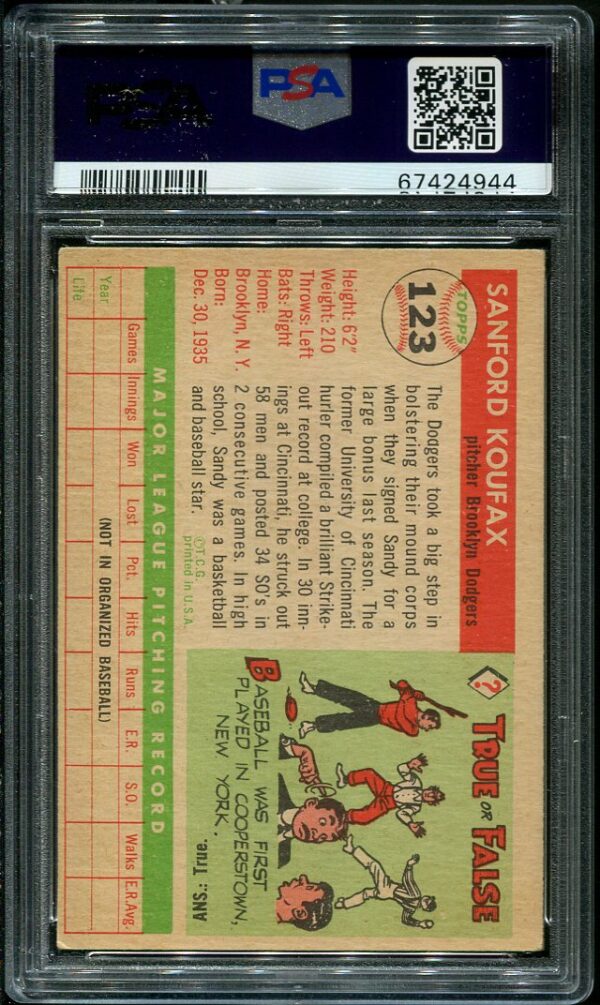 Authentic 1955 Topps #123 Sandy Koufax PSA 5 Rookie Baseball Card