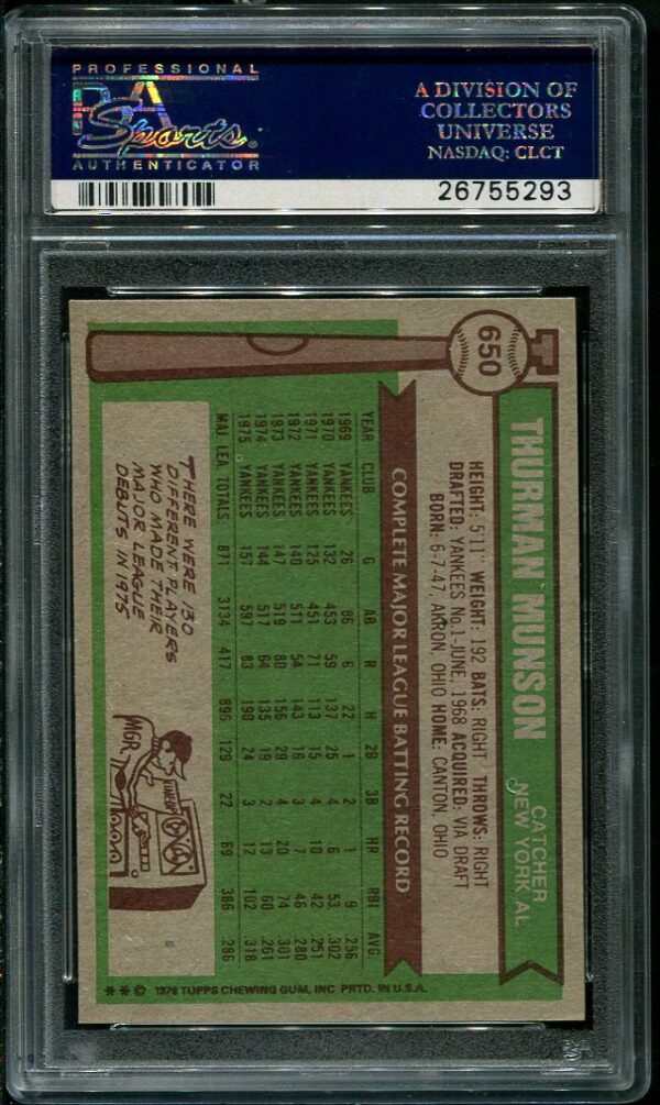 Authentic 1976 Topps #650 Thurman Munson PSA 8 Baseball Card