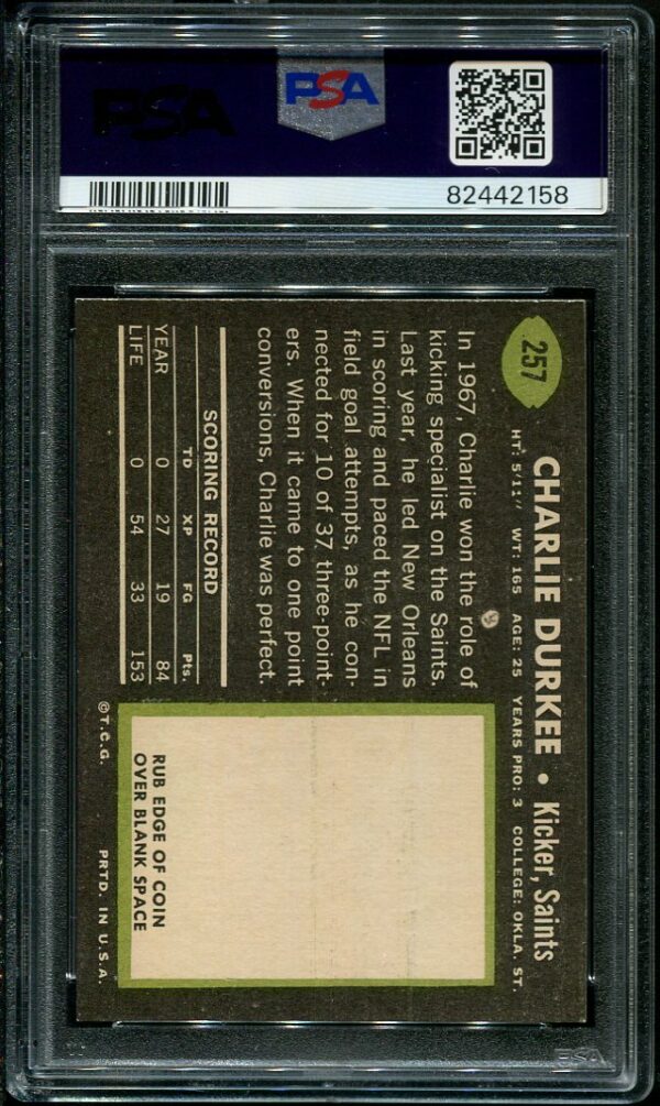 Authentic 1969 Topps #257 Charlie Durkee PSA 8 Football Card