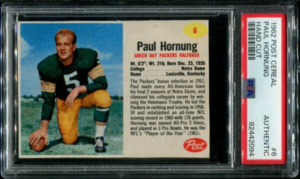 Authentic 1962 Post Cereal #6 Paul Hornung Hand Cut PSA Authentic Football Card