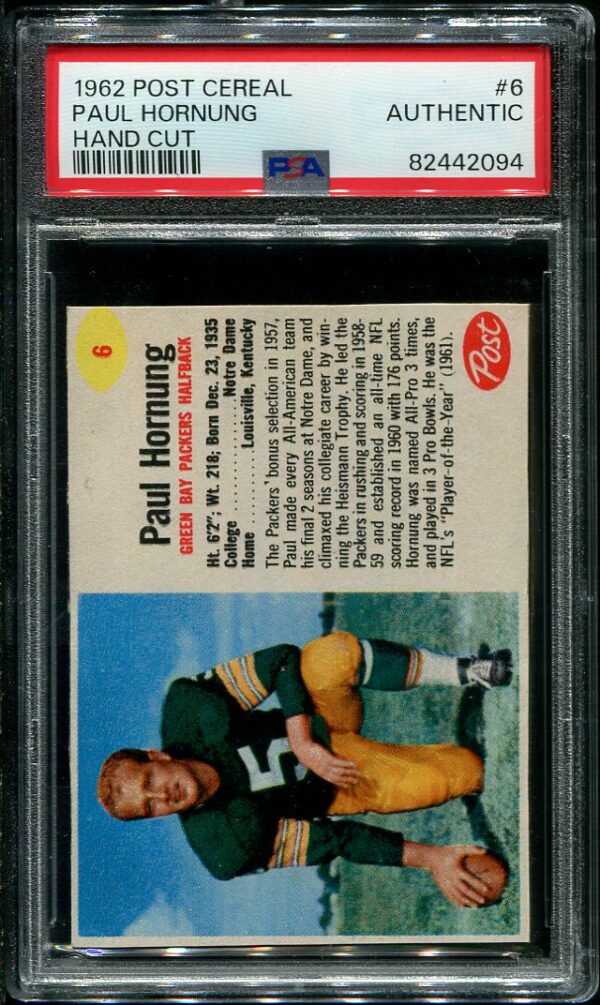 Authentic 1962 Post Cereal #6 Paul Hornung Hand Cut PSA Authentic Football Card