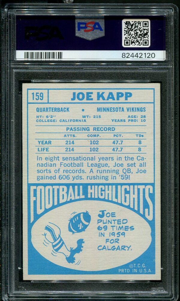 Authentic 1968 Topps #159 Joe Kapp PSA 6 Rookie Football Card