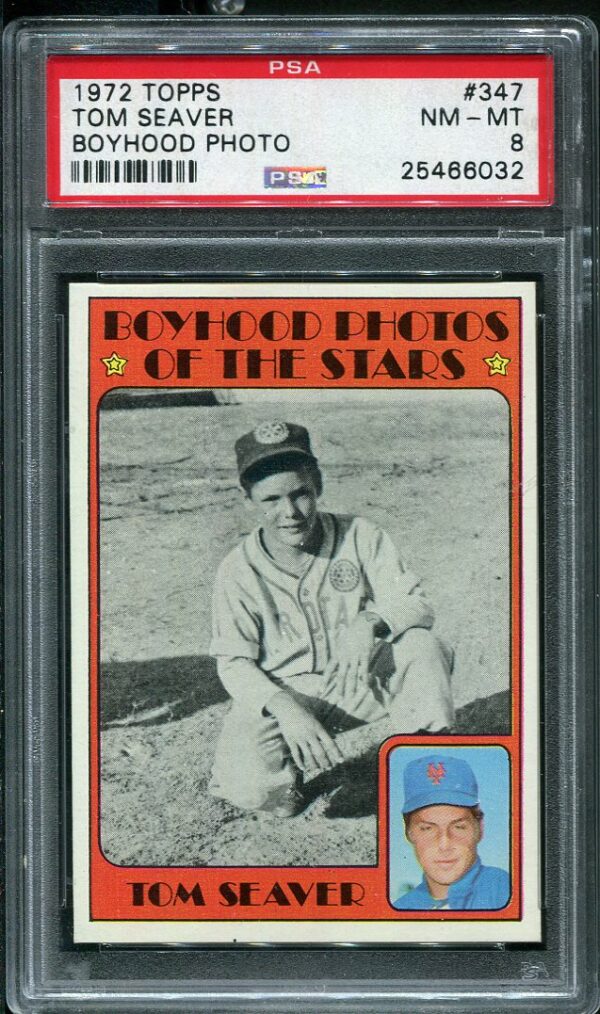 Authentic 1972 Topps #347 Tom Seaver Boyhood Photo PSA 8 Baseball Card