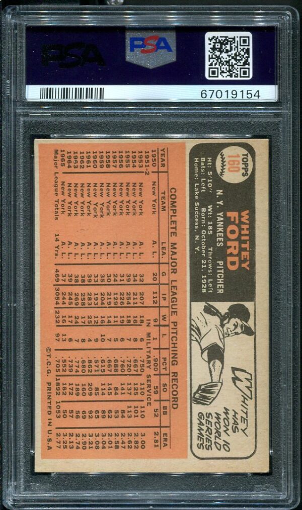 Authentic 1966 Topps #160 Whitey Ford PSA 7 Baseball Card