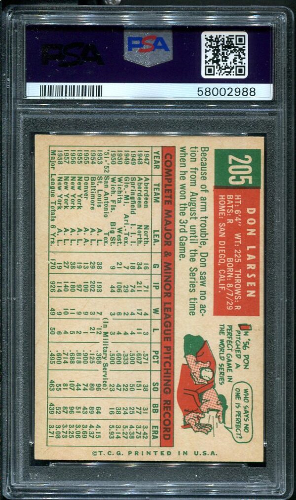 Authentic 1959 Topps #205 Don Larsen PSA 7 Baseball Card