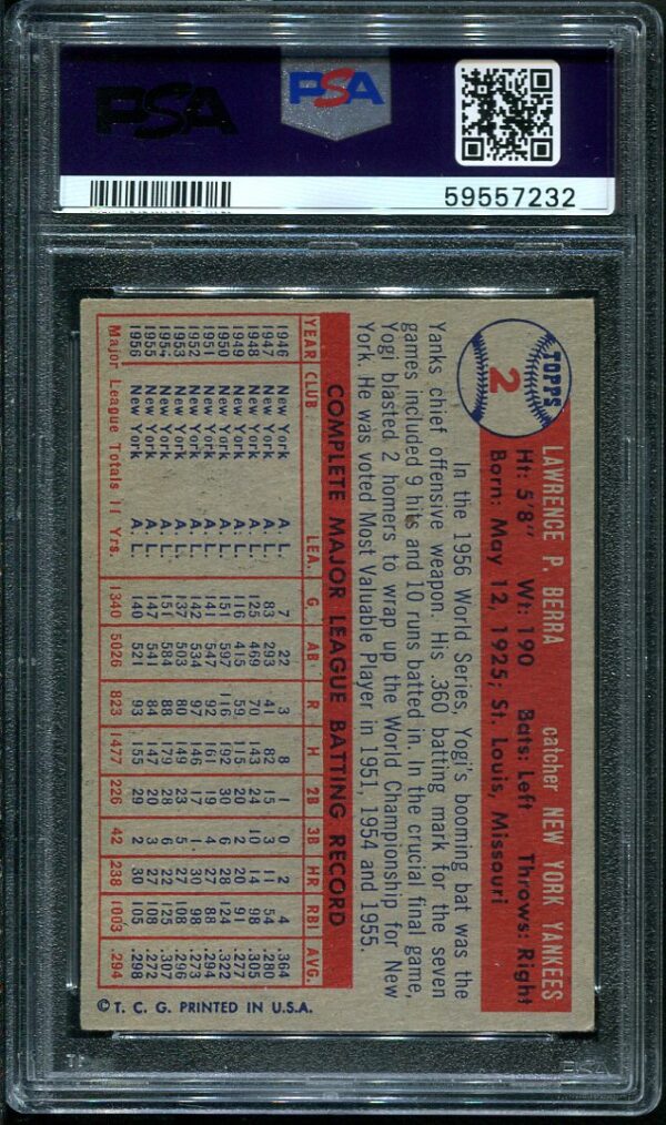Authentic 1957 Topps #2 Yogi Berra PSA 5 Baseball Card
