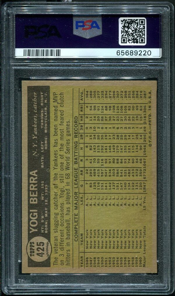 Authentic 1961 Topps #425 Yogi Berra PSA 7 Baseball Card