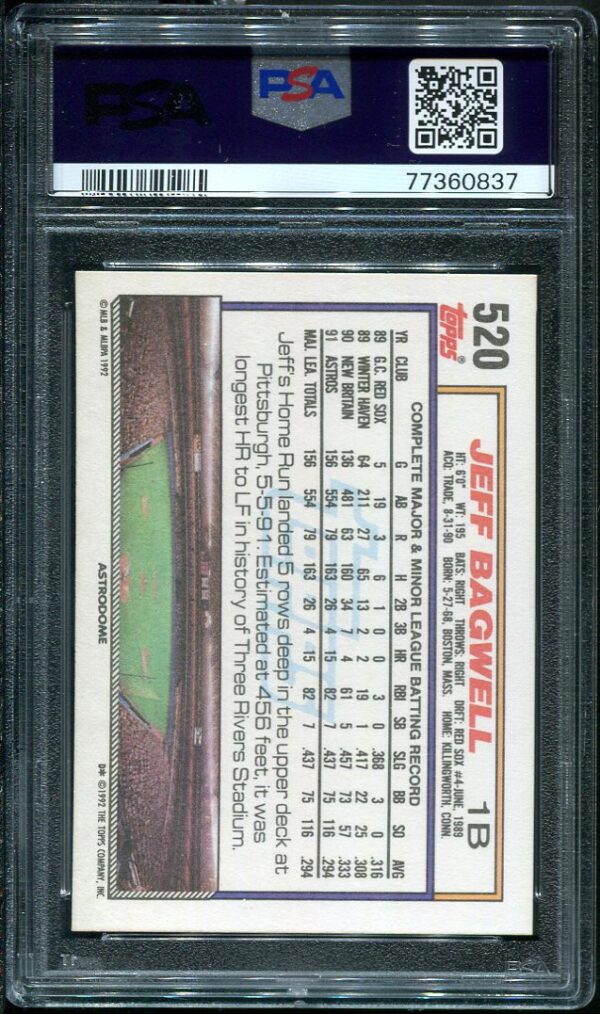 Authentic 1992 Topps #520 Jeff Bagwell PSA 10 Baseball Card
