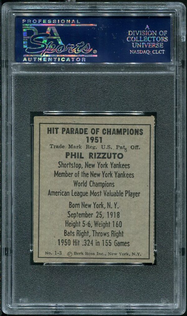 Authentic 1951 Berk Ross #1-3 Phil Rizzuto PSA 6 Baseball Card