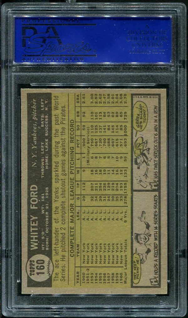 Authentic 1961 Topps #160 Whitey Ford PSA 7 Baseball Card
