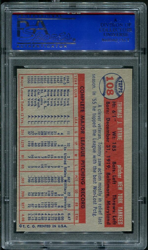 Authentic 1957 Topps #108 Tommy Byrne PSA 7 Baseball Card