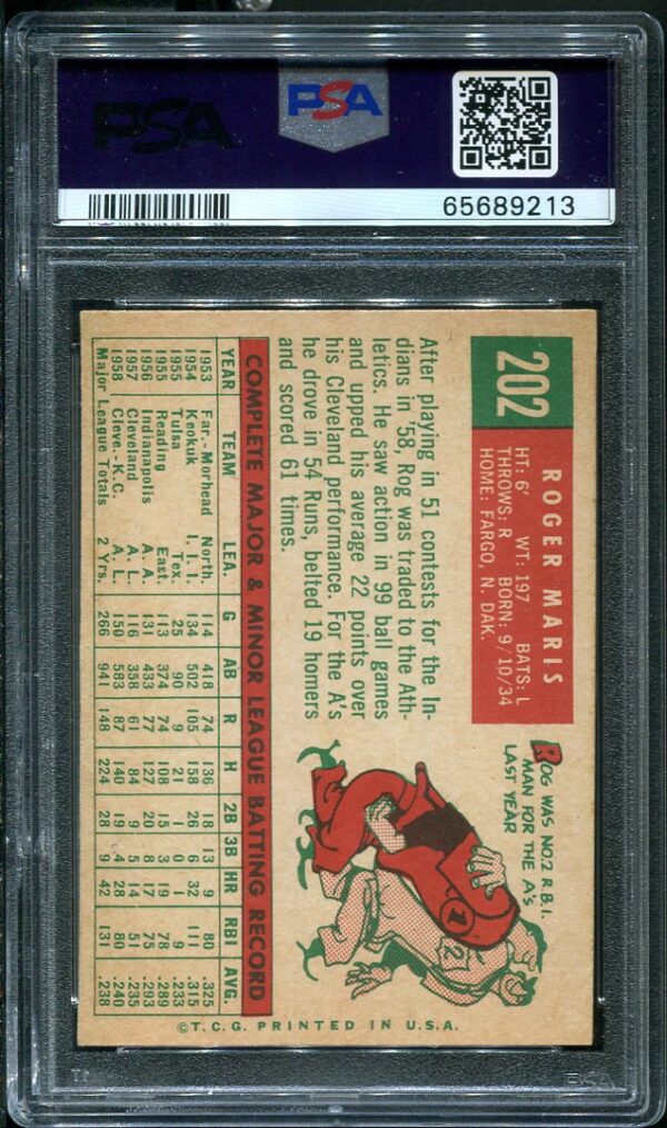 Authentic 1959 Topps #202 Roger Maris White Back PSA 7 Baseball Card