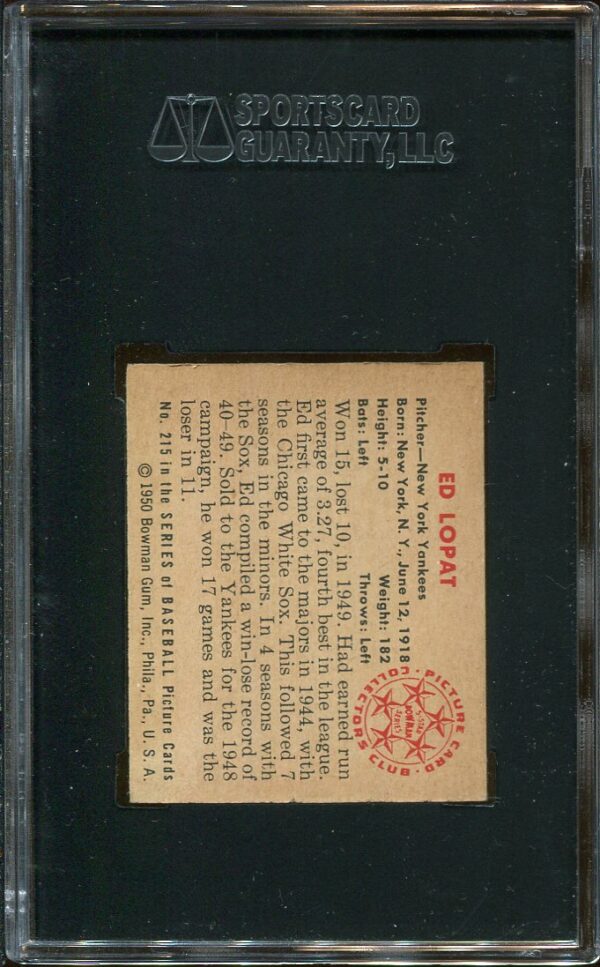Authentic 1950 Bowman #215 Ed Lopat SGC 7 Baseball Card