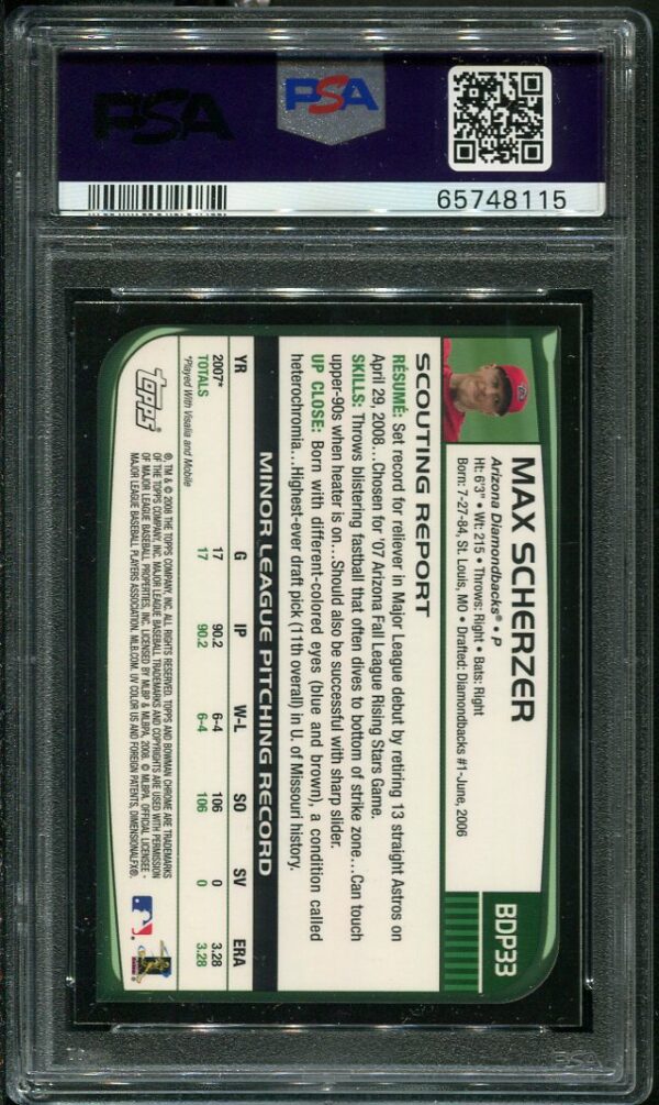 2008 Bowman Chrome Draft #BDP33 Max Scherzer PSA 9 Rookie Baseball Card