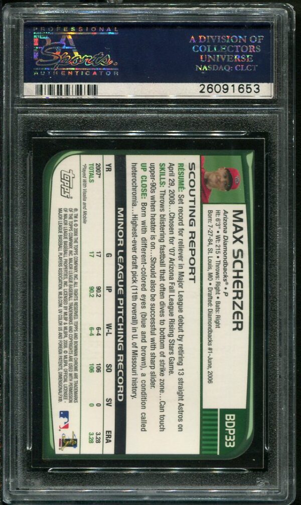 2008 Bowman Chrome Draft #BDP33 Max Scherzer PSA 9 Rookie Baseball Card