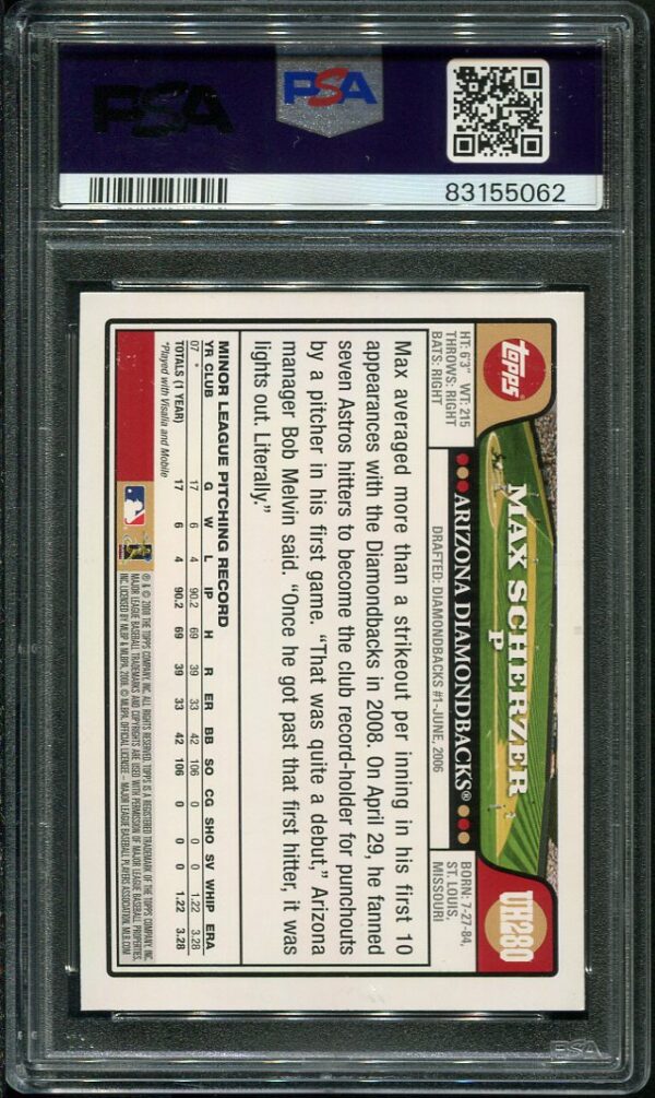 2008 Topps Update #UH280 Max Scherzer PSA 9 Rookie Baseball Card
