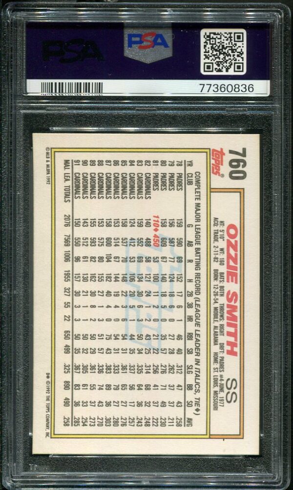 Authentic 1992 Topps #760 Ozzie Smith PSA 10 Baseball Card