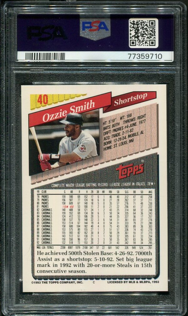 Authentic 1993 Topps #40 Ozzie Smith PSA 10 Baseball Card