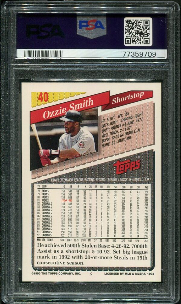 Authentic 1993 Topps #40 Ozzie Smith PSA 9 Baseball Card