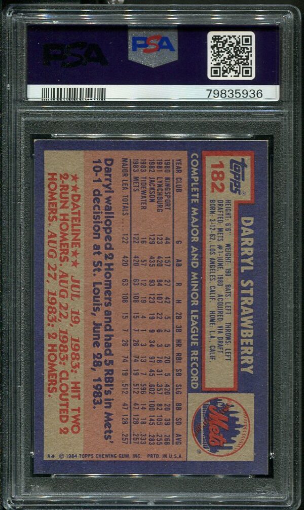 Authentic 1984 Topps #182 Darryl Strawberry PSA 8 Rookie Baseball Card