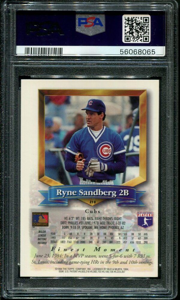 Authentic 1994 Finest Refractor #210 Ryne Sandberg PSA 8 Baseball Card