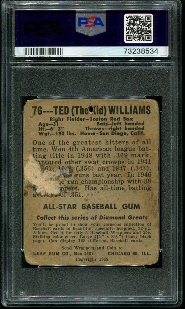 Authentic 1948 Leaf #76 Ted Williams PSA Authentic Baseball Card
