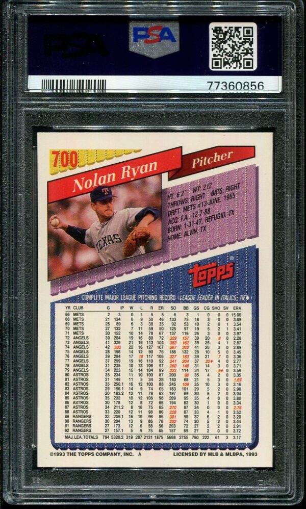Authentic 1993 Topps #700 Nolan Ryan PSA 9 Baseball Card
