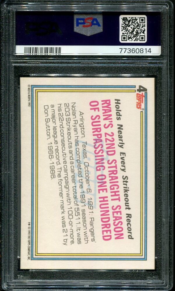 Authentic 1992 Topps #4 Nolan Ryan PSA 10 Baseball Card