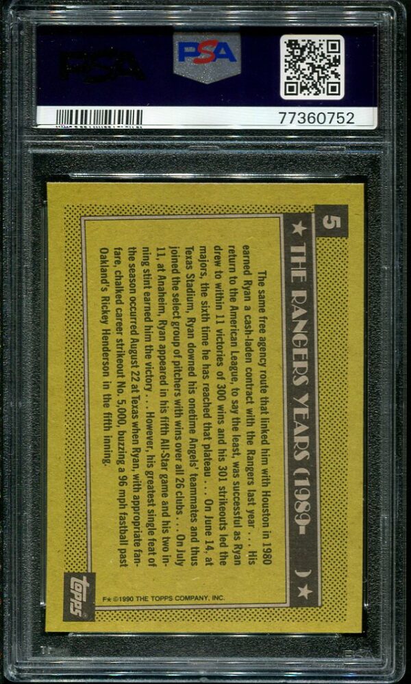Authentic 1990 Topps #5 Nolan Ryan PSA 9 Baseball Card