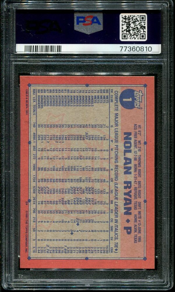 Authentic 1991 Topps #1 Nolan Ryan PSA 9 Baseball Card