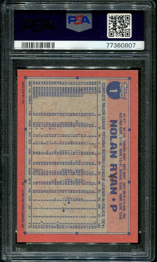 Authentic 1991 Topps #1 Nolan Ryan PSA 8 Baseball Card