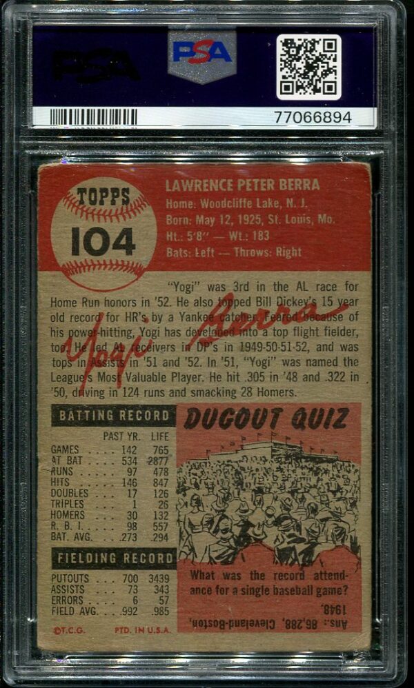 Authentic 1953 Topps #104 Yogi Berra PSA 1.5 Baseball Card