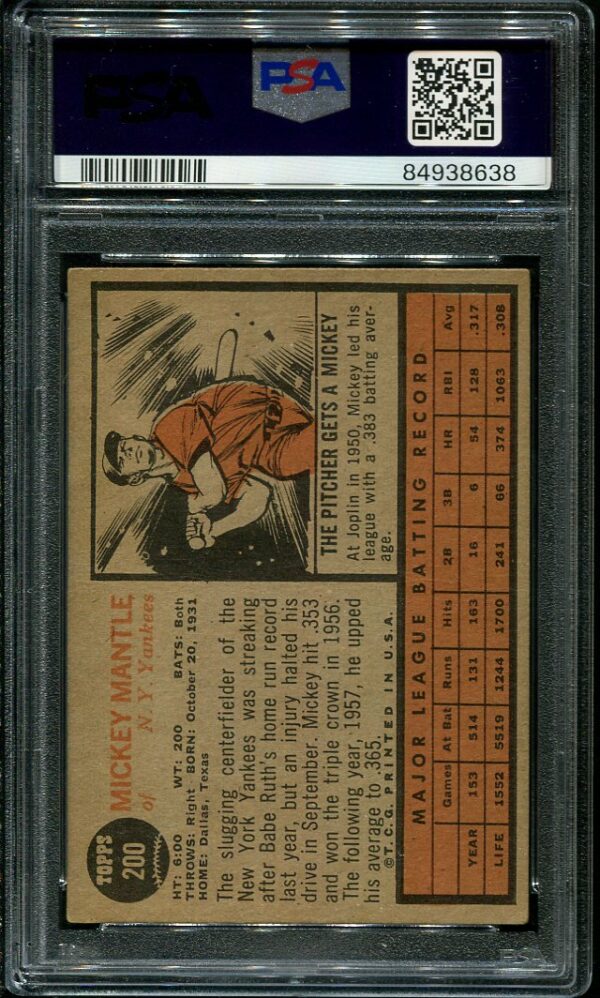 Authentic 1962 Topps #200 Mickey Mantle PSA 3.5 Baseball Card