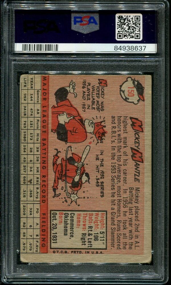 Authentic Mickey Mantle 1958 Topps #150 PSA 2.5 Baseball Card